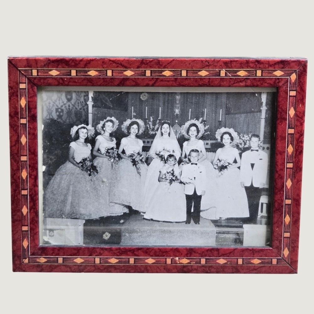 Vintage Wedding Photo Red Burl Marquetry 4.5x6.5 Tabletop Picture Frame